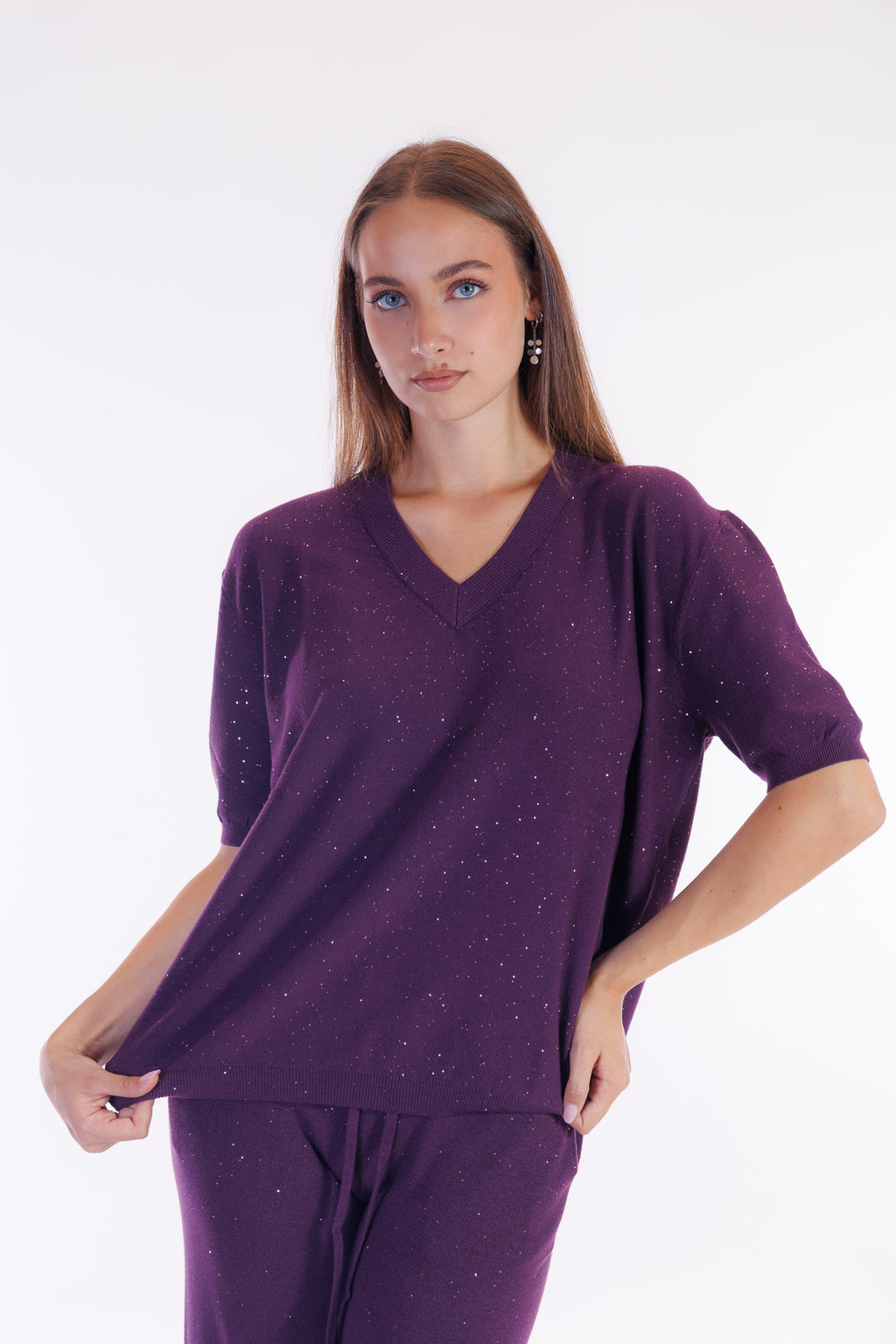 Maglia scollo V micro paillettes