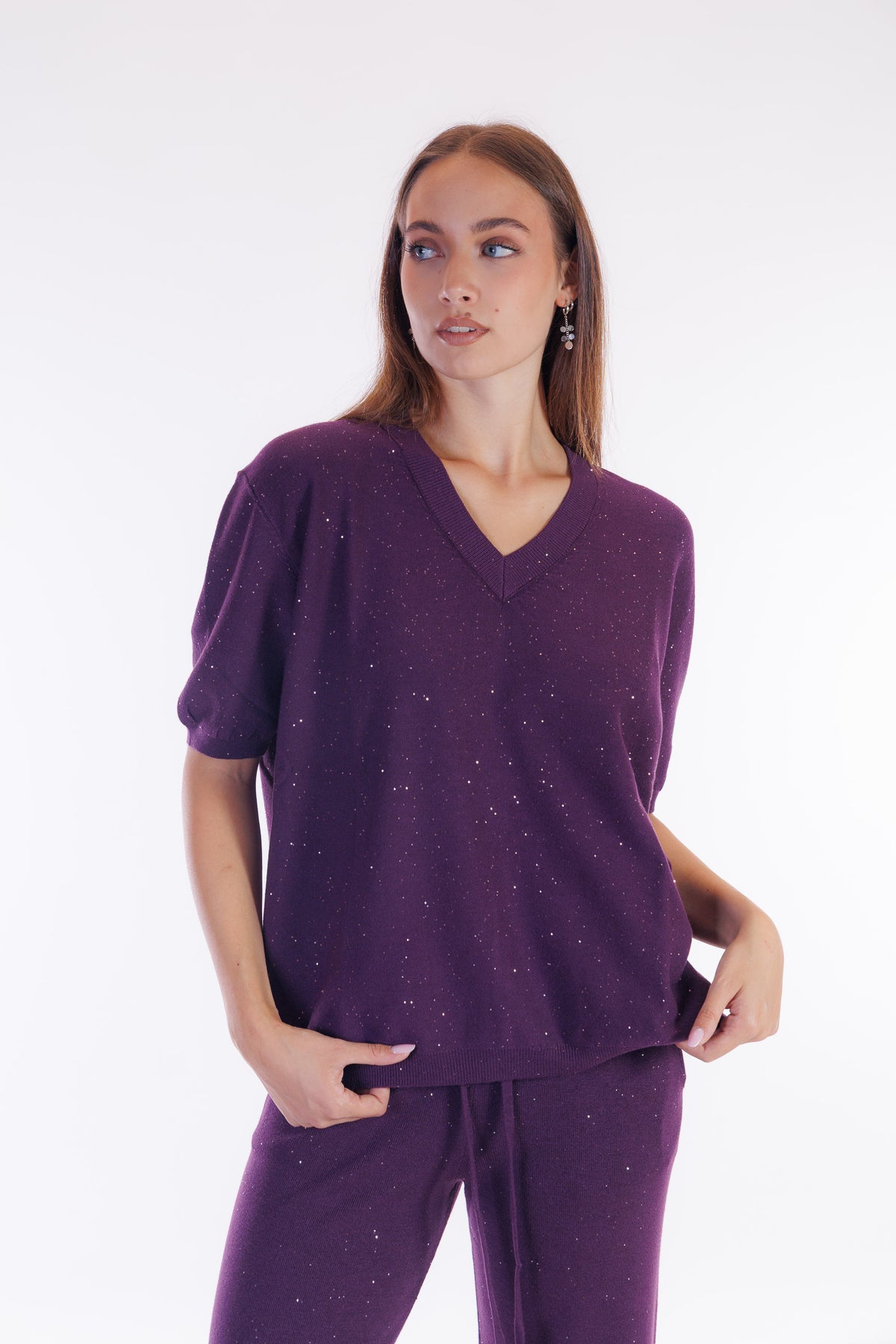 Maglia scollo V micro paillettes