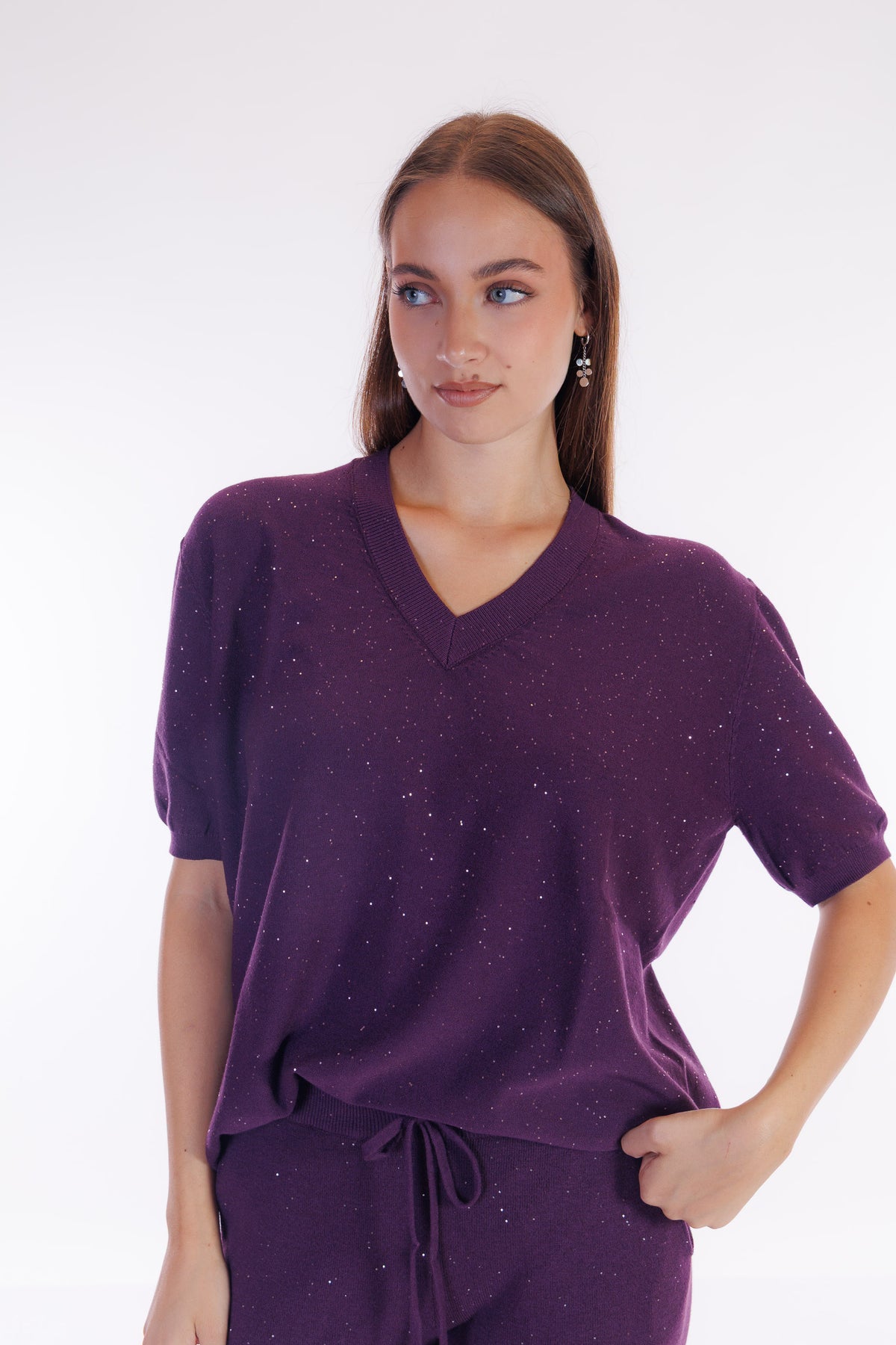 Maglia scollo V micro paillettes